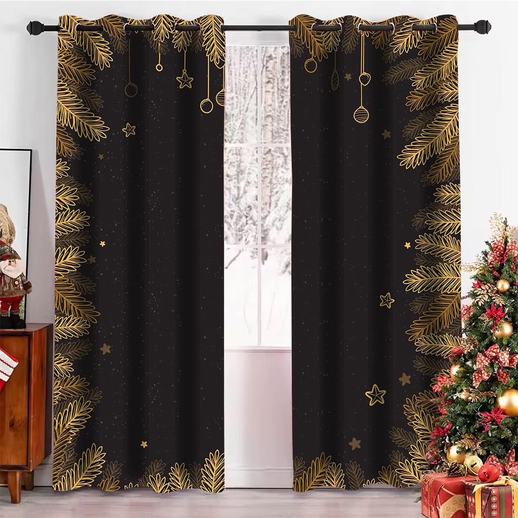 Vánoční závěsy 3D Zlatý vánoční strom Los Dekor Zatemňovací závěsy 2 Panely Deluxe Obývací pokoj Ložnice Domácí dekorace Závěsy