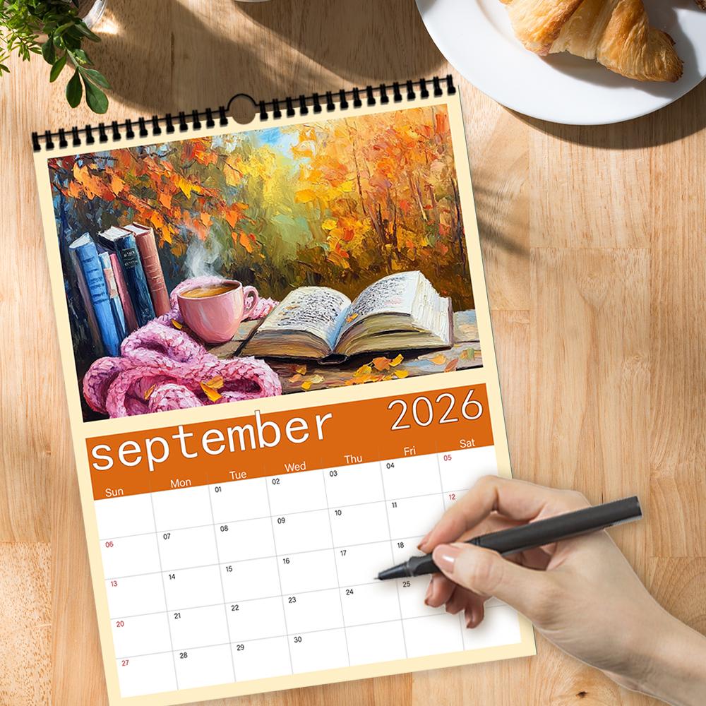 1pc Oil Painting Calendar - Landscape Theme, 12 Different Designs, Wall Calendar, Suitable As a Gift for Birthdays & Christmas
