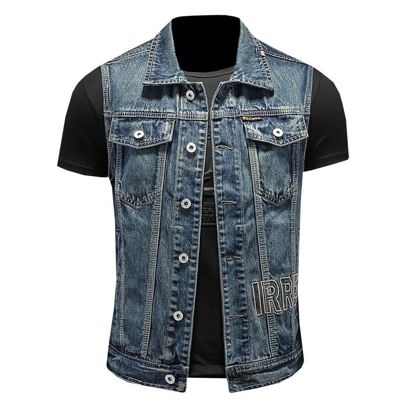 730/MJ15188/P155 lapel high quality washed embroidered letter denim vest men slim spot