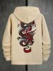 Vintage Oriental Coiled Dragon Red Fire Detail Graphic Solid Black Oversized Hoodie for Men, Hip Hop Daily Sports Streetwear Hooded Sweatshirt