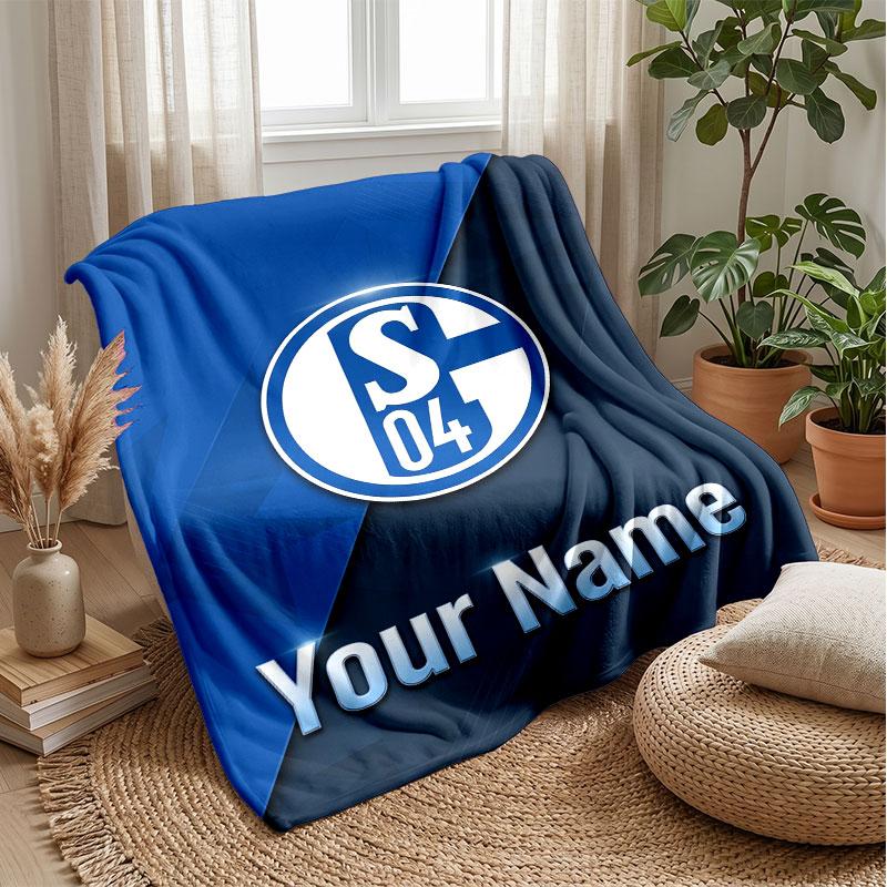 Schalke 04 FC Custom Name Text Flannel Blanket Soccer Logo Personalized Fleece Throw Blanket Special Gift For Sofa Bedroom Home
