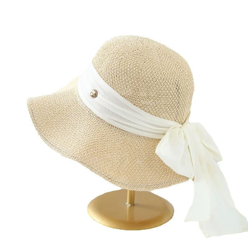 Bucket Hat Knitted Fisherman Hat with Ribbon and Metal, Spring/Summer/Autumn Windproof Versatile Women's Hat New