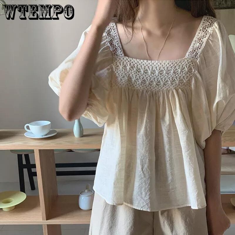 Women's Square Neck Shirt Summer Loose Bubble Sleeve Short Sleeved Top Shirt