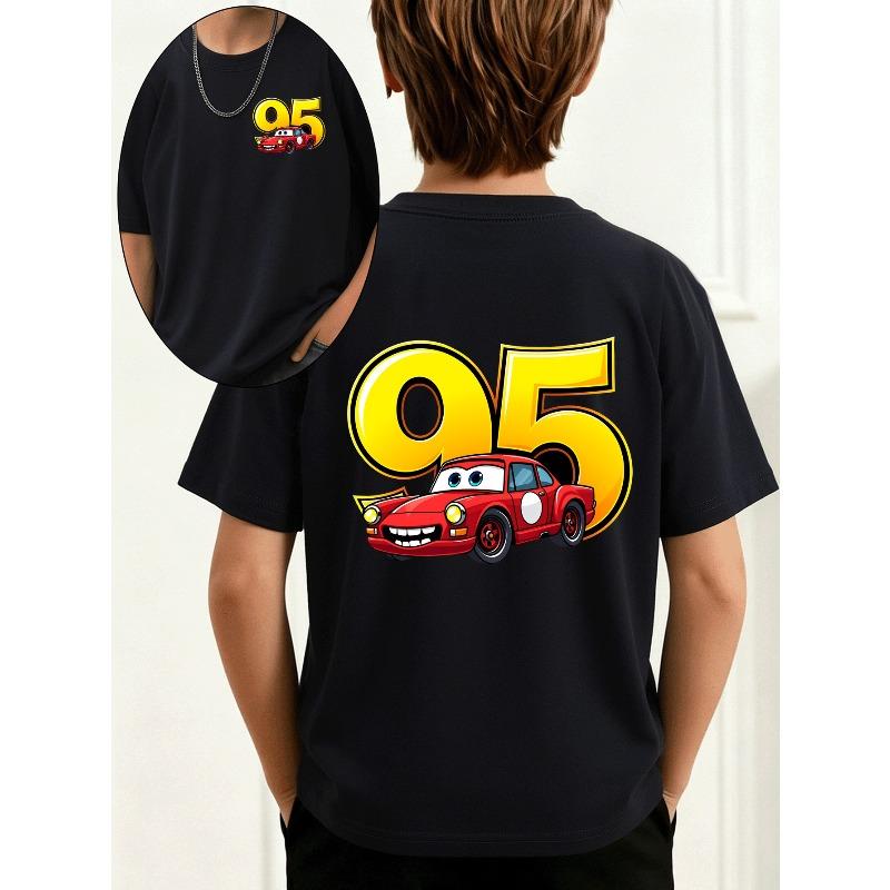 European sizes Red Car Number Cartoon Boys' Double-Sided Printed T-Shirt, Soft And Comfortable Summer Fashion Round-Neck Top, Suitable for Outdoor