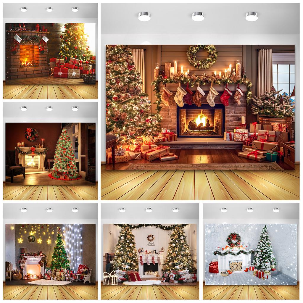 Weihnachtsbaum Blumenkranz Holz Geschenk Fotografie Hintergrund Fenster Kamin Feuer Weihnachten Neujahr Party Hintergrund Fotowand