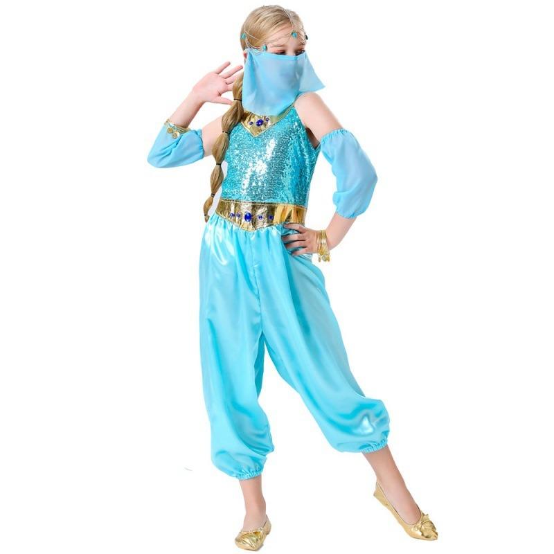 Halloween Green Arabic Girl Costume Children Belly Dance Indian Dance with Veil Princess Dress Full Set