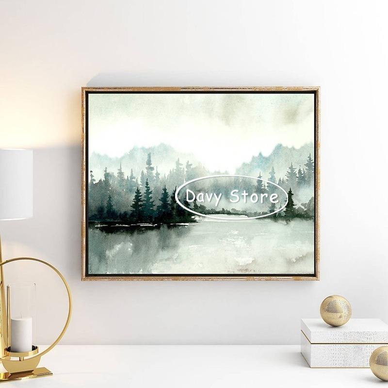 Misty Forest Mountain Lake River Watercolor Landscape Neutral Poster Canvas Printing Minimalist Wall Art Picture Home Room Decor