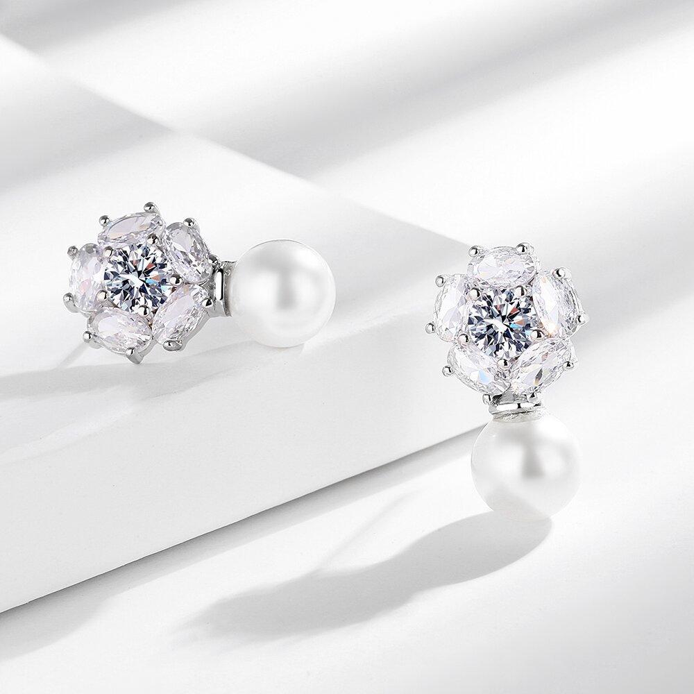 925 Sterling Silver Fashion Light Luxury Flower Zircon Tassel Pearl Stud Earrings Birthday Party