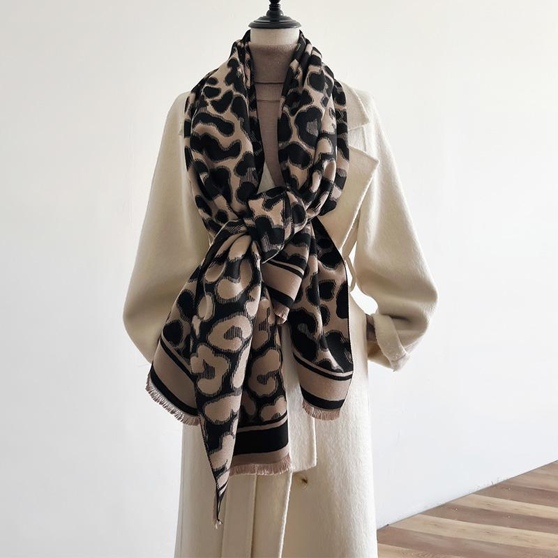 Luxury Winter Leopard Two-Sided Cashmere Jacquard Scarves High Quality Women Thicken Wrap Shawl Ladies Wool Pashmina Scarf