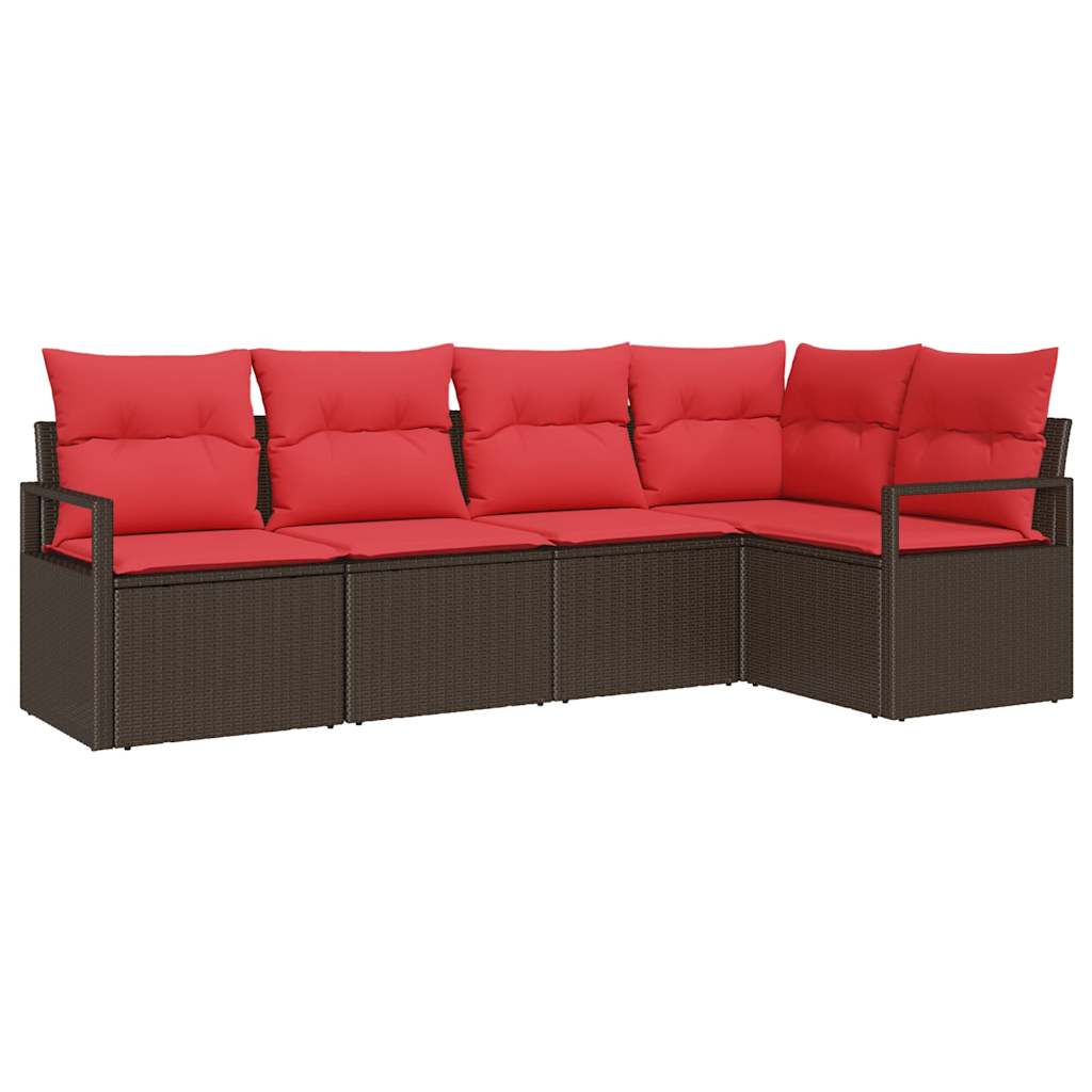 Garden Sofa Set with Cushions 5 pcs Brown and Red Poly Rattan