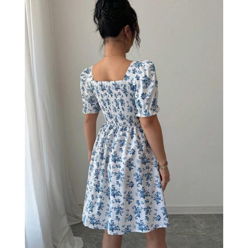 Square Collar Summer Puff Short Sleeve Floral Dress Fashion Elegant Slim Fit A-line Party Short Dress Female Casual Sweet Holiday Clothing