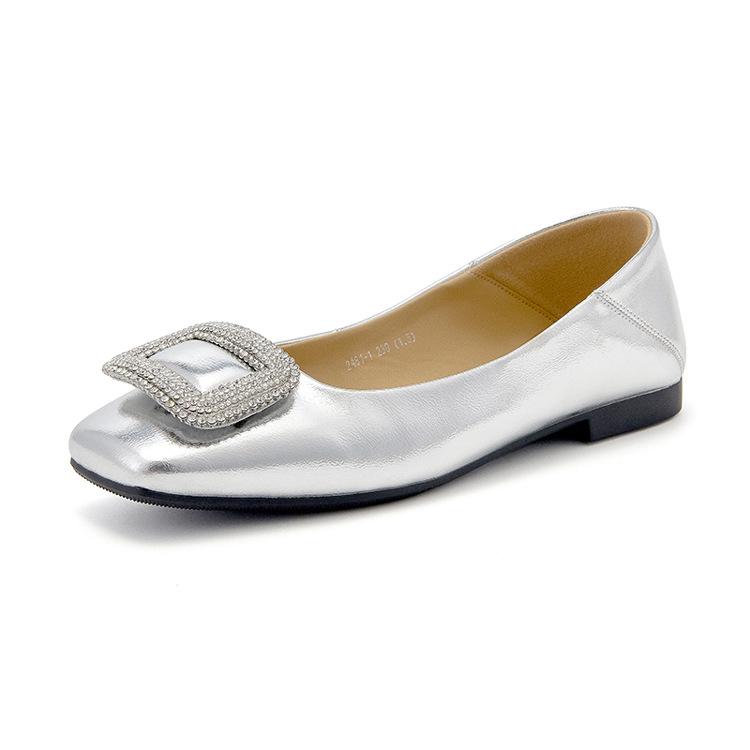 

Женские туфли из овчины, новые, с темпераментной квадратной пряжкой со стразами, для работы, серебристые, на плоской подошве, с открытым верхом, маленькие кожаные туфли для женщин 40