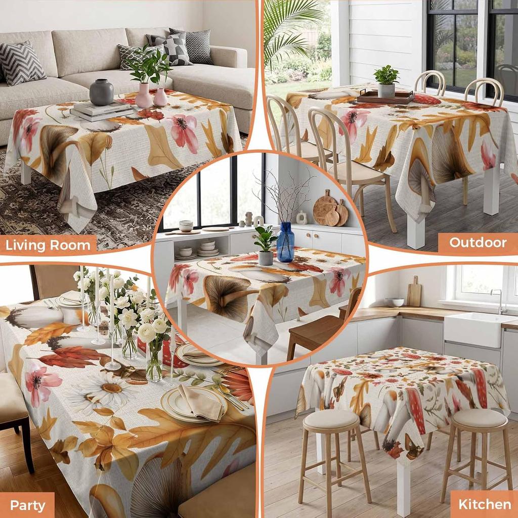 Fall Mushroom Flower Leaves Rectangle Tablecloth for Table Decor Reusable Kitchen Dining Tablecloth Holiday Party Autumn Decor