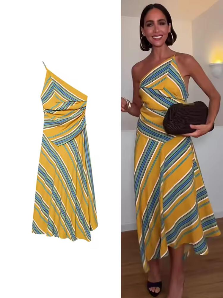 2026 Summer Vintage Asymmetric Maxi Dress Women's Gown Fashion Striped Slim Fit Party Long Dress Female One Shoulder Dresses