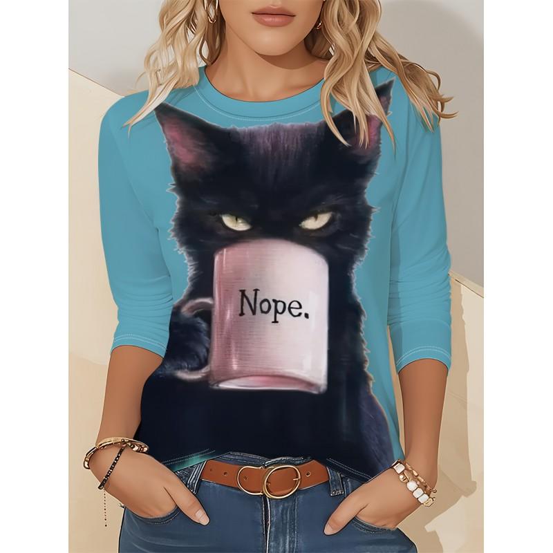 Womens Loose Fit Long Sleeve Round Neck T-Shirt With 3D Dinosaur Christmas Tree Print Milk Silk Fabric