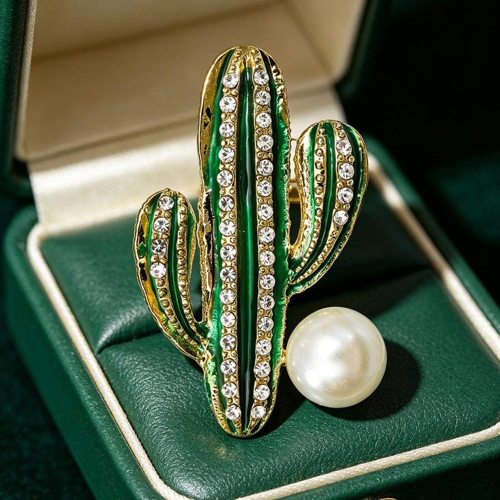 Enamel Cactus Brooch, High-end and Luxurious Pearl Plant Pin, Unique and Stylish Accessory