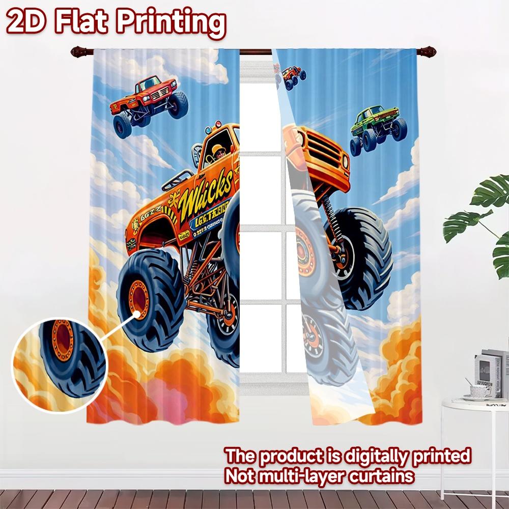 2D-Flachdruck, 2-teilige Vorhänge (Ohne Stange) Fliegende Monster-Trucks Druck Schicke Vorhänge Vielseitige Polyester-Vorhänge Valentinstag