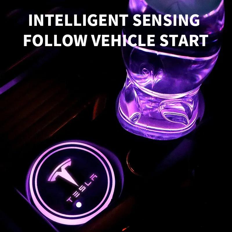 ITZLW1 2Pcs Car LED Coaster Light Water Cup Bottle Holder Interior Mat for Tesla Model 3 Model S Roadster Cybertuck Model X Model Y