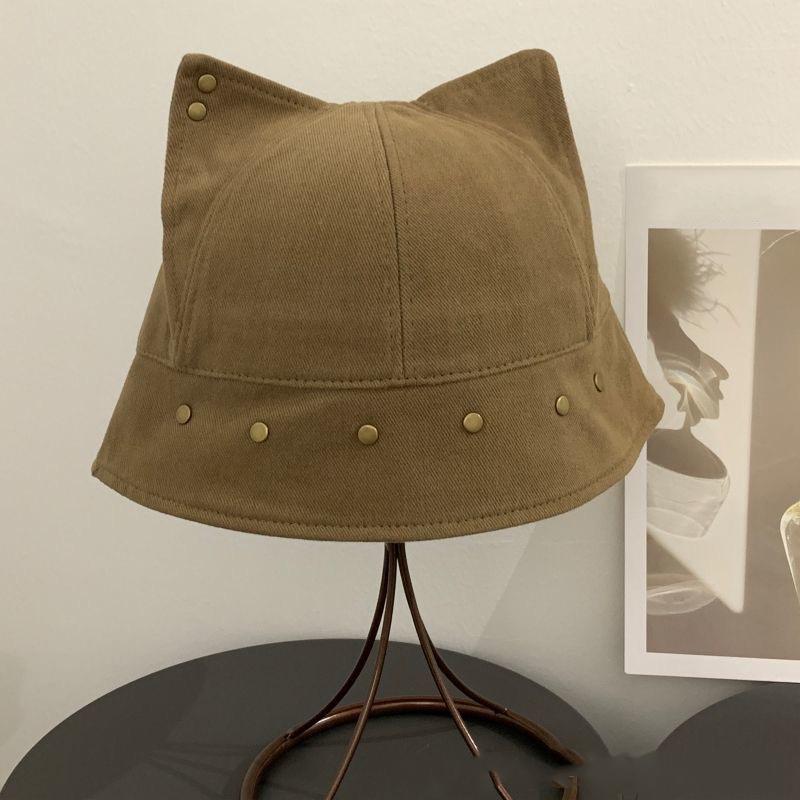 New Outdoor Cute Cat Ear Rivet Fisherman Hat Fashion Vintage Women Sunshade Bucket Hats Ruffian Handsome Versatile Panama Cap