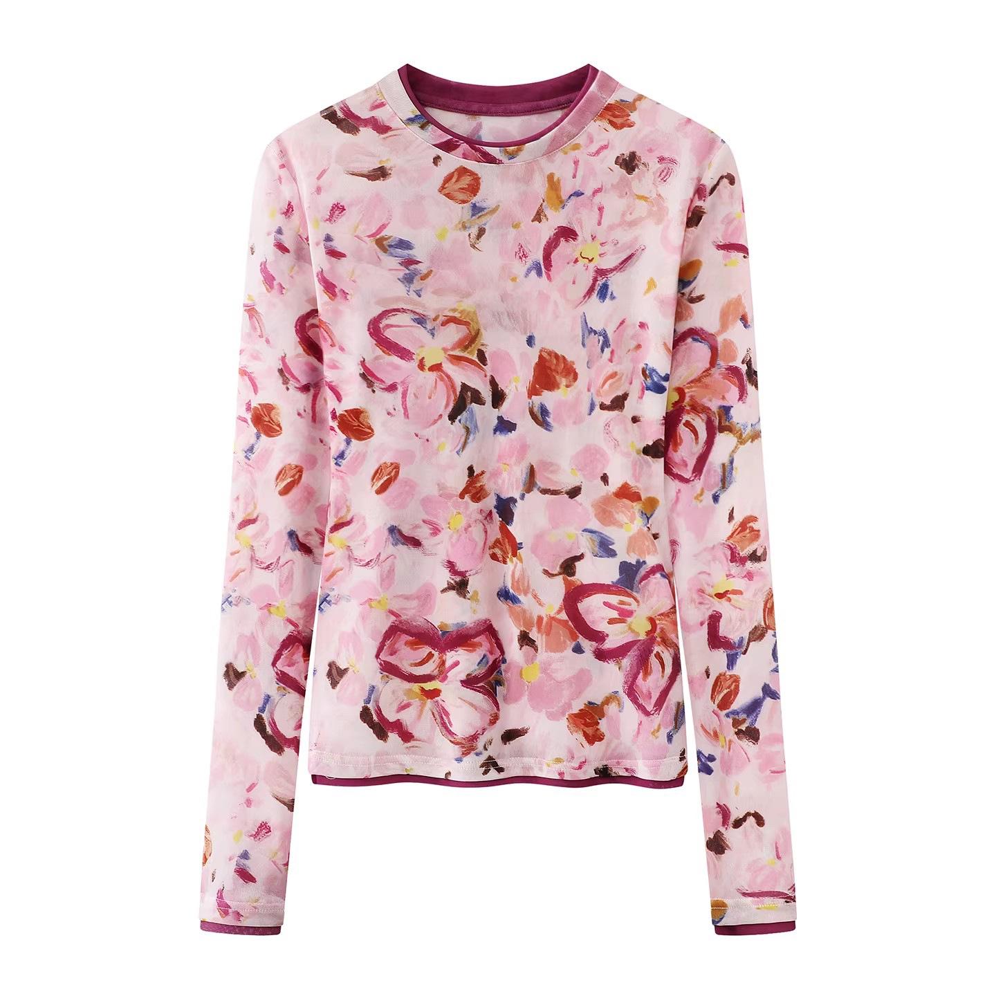 In Stock: Spring 2026 Women s Slimming Tie-Dye Round Neck Long Sleeve T-Shirt S розовый