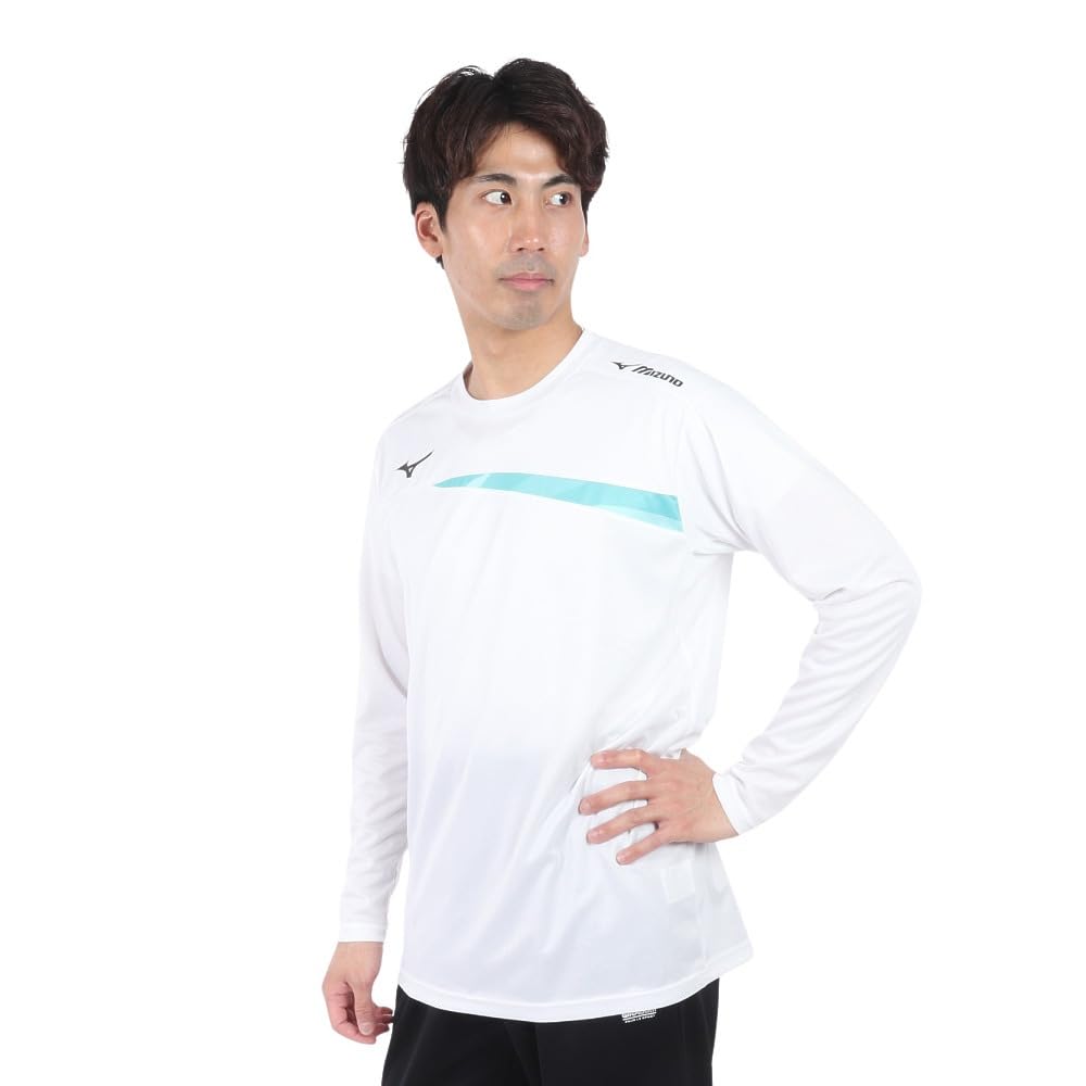 Mizuno Tennis Practice Long Easy to Move Size L Shirt, Sleeve, Moisture-Wicking, Quick-Drying, in, 62JAA510, White/Turquoise,