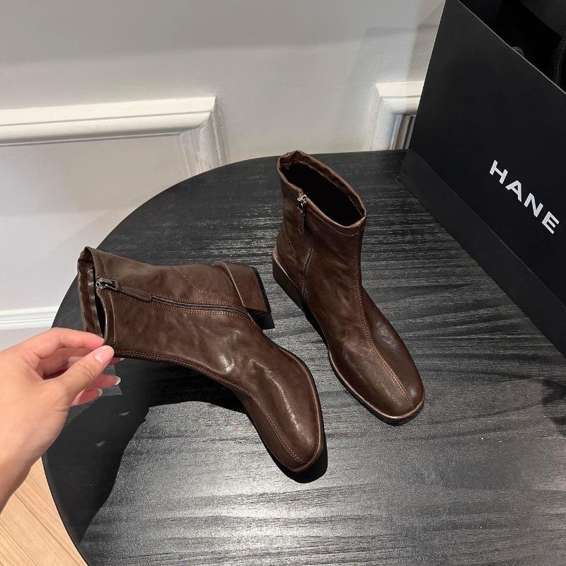 

Вымытая коровья кожа~ кожа квадратный носок ретро тонкие ботильоны короткие ботинки женские толстый каблук маленькие ботильоны британский стиль ботинки Мартин одинарные ботинки 40