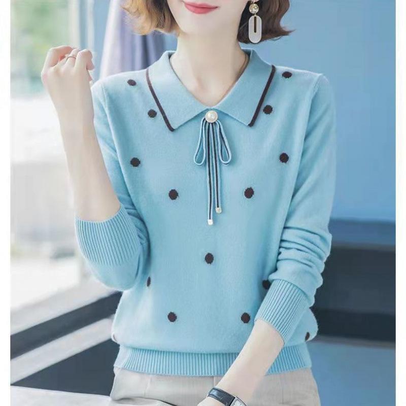 Elegant Mom Autumn Knit Sweater Middle Age Women Turn Down Collar Pullover Versatile Base Layer Top