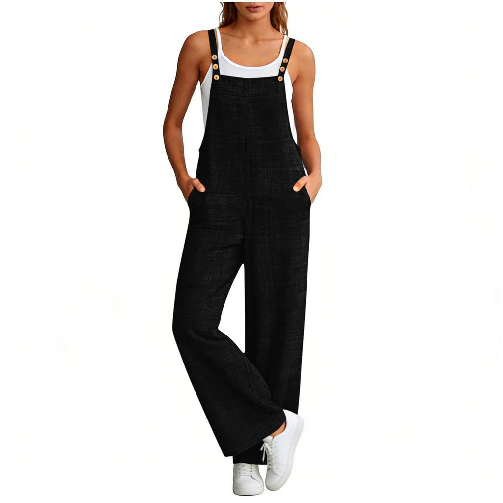 Women's Fashionable Suspender Wide Leg Loose Casual Suspender Pants With Pocket Buttons And Jumpsuit