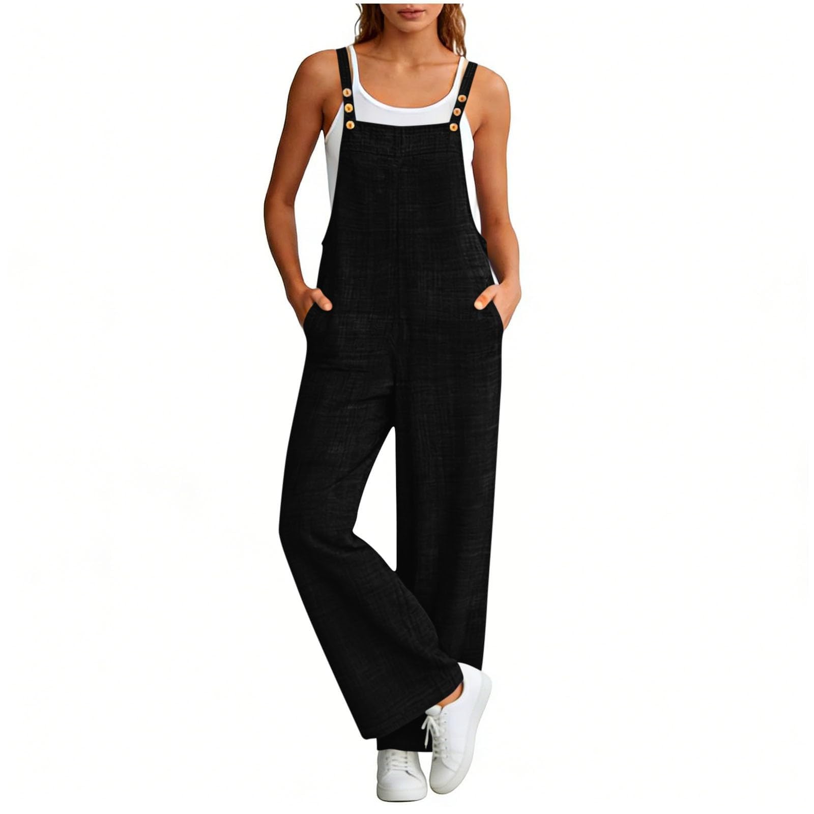 

Women s Fashionable Suspender Wide Leg Loose Casual Suspender Pants With Pocket Buttons And Jumpsuit L чёрный