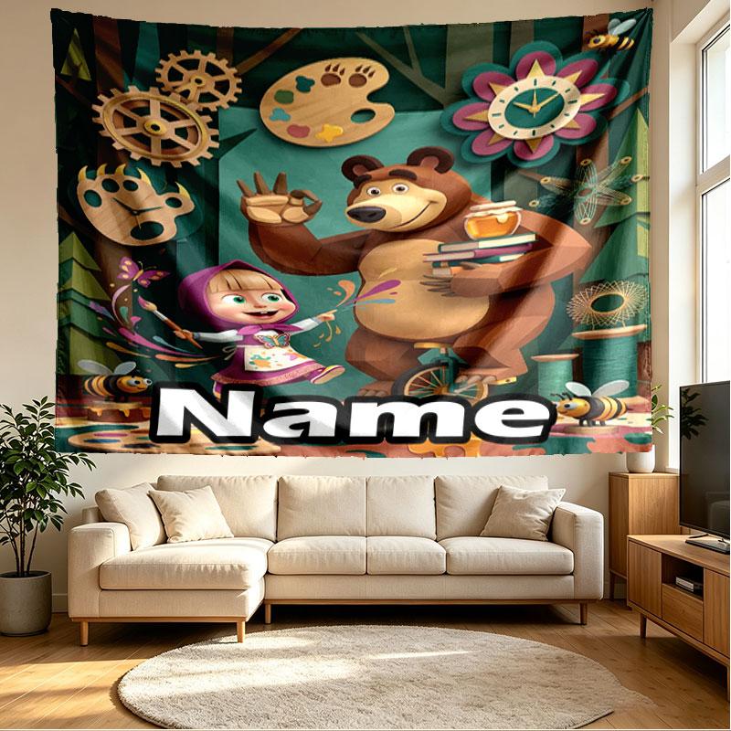 Custom Name Personalized Masha and the Bear Print Tapestry, Wall Art Decor, Bedroom, Dorm, Apartment, LivingRoom, Party Backdrop, Gift for Birthday