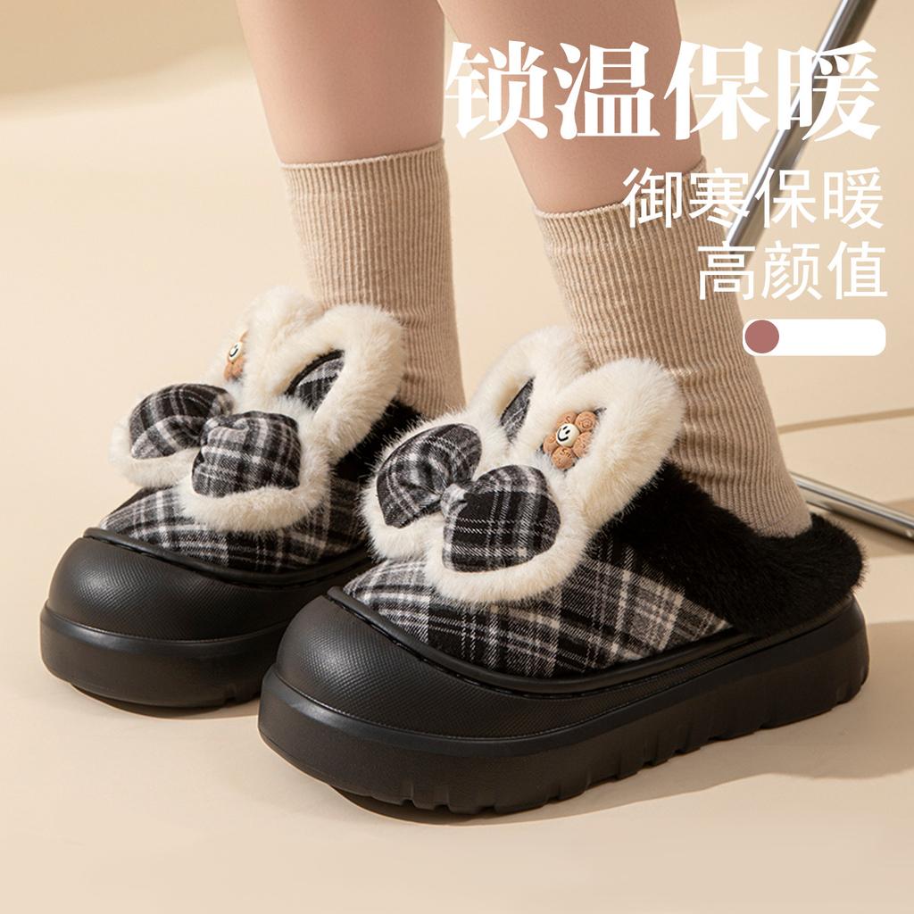 High-heeled Cotton Slippers Women's Winter 2025 New Thick-soled Heightened Warmth, Velvet Warmth, Bow Cotton Slippers Women