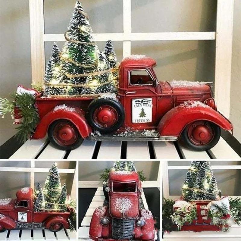Weihnachten Retro Roter LKW Ornamente Metallauto Mit Mini Grünem Baum Und Kiste Weihnachts-Tischdekoration