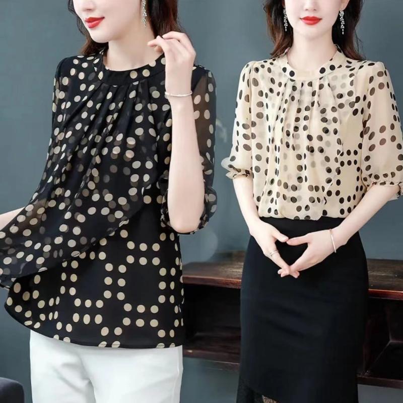 Letní Nová Dámská Šifonová Košile s Květinovým Potiskem Zeštíhlující Kulatý Výstřih Krátký Rukáv Spodní Top M-4XL