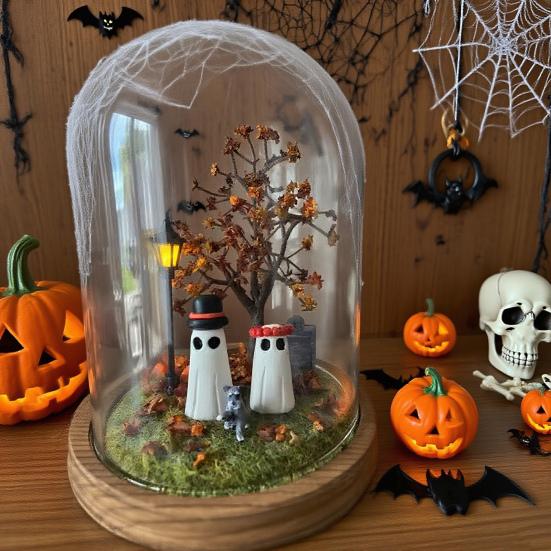 Halloween Ghost Pumpkin Lantern Lighted Glass Dome Cloche Horror Desktop Ornament for Home Fireplace Table Indoor Night Light