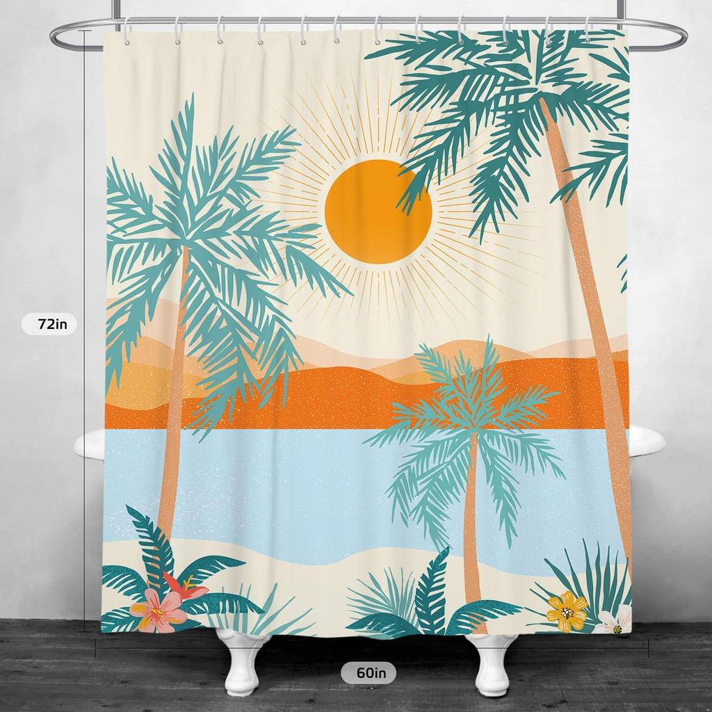Tropical Palm Trees And Sunset Pattern Waterproof Shower Curtain 180X200Cm - Beach Style Print Bath Curtain For Home Decor