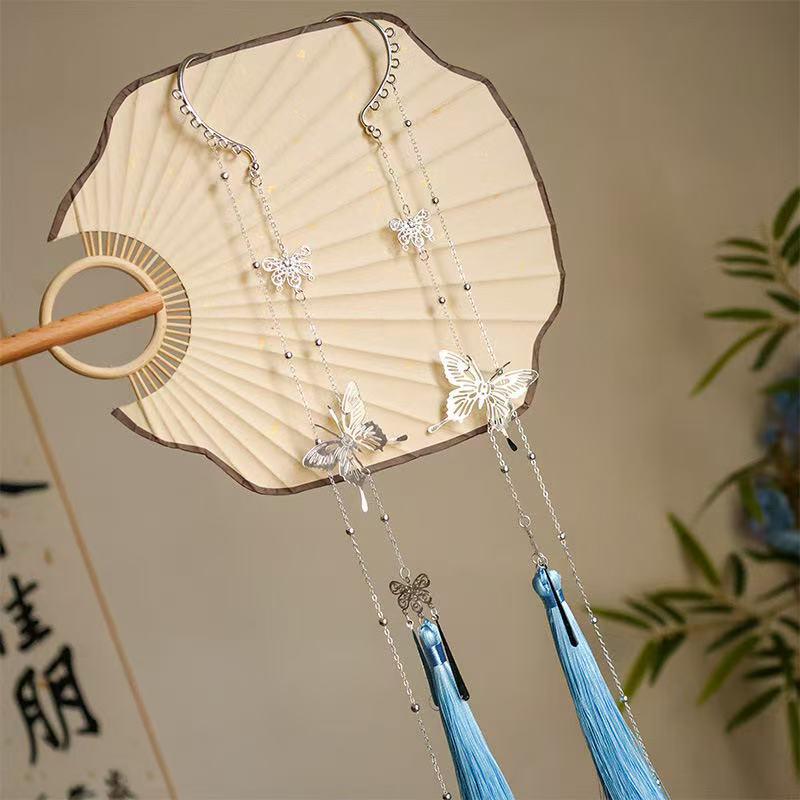 Mountain Ghost Flower Copper Coin Earrings with Tassels - Unisex Hanfu Style Ear Cuffs