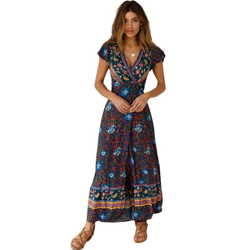 Summer Short Sleeve Casual Printed Long Dress Sexy Floral Fashion Elegant Loose Holiday A-line High Slit Party Dress Slim Fit Women's Clothing