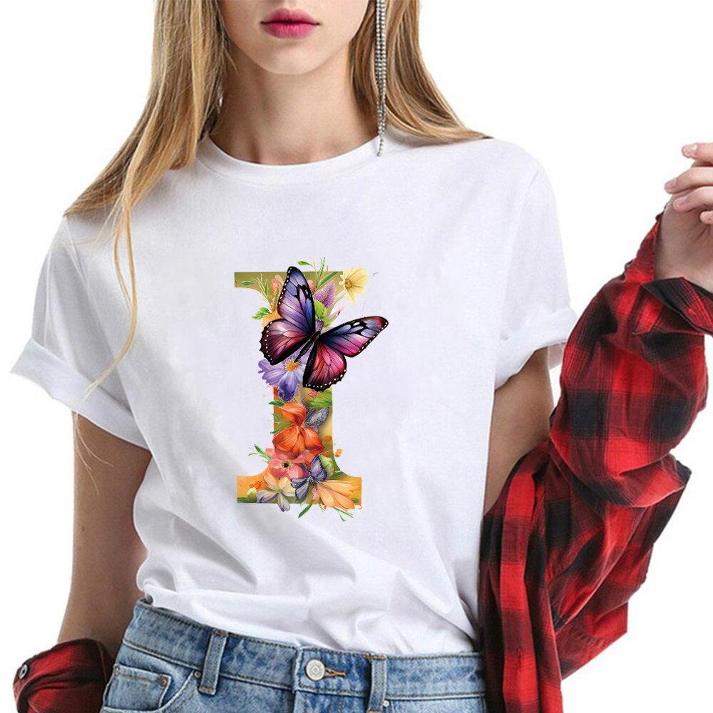 New T-Shirt Butterfly Letter Collection Women's Plus Size  T-Shirt Top Short Sleeve Gift Couple Tee