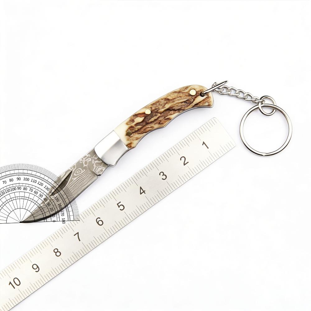 Key Ring Pocket Folding Knife Damascus Steel Blade Customized Wooden/Antler Horn Handle Ideal Camping Hiking Daily Use