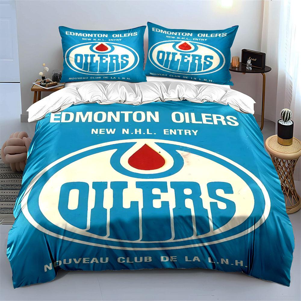 Edmonton Oilers Blue and White Logo Design Print Bedding Set Duvet Cover Pillowcases (1* Duvet Cover 2* Pillowcases Do Not Include Comforter)