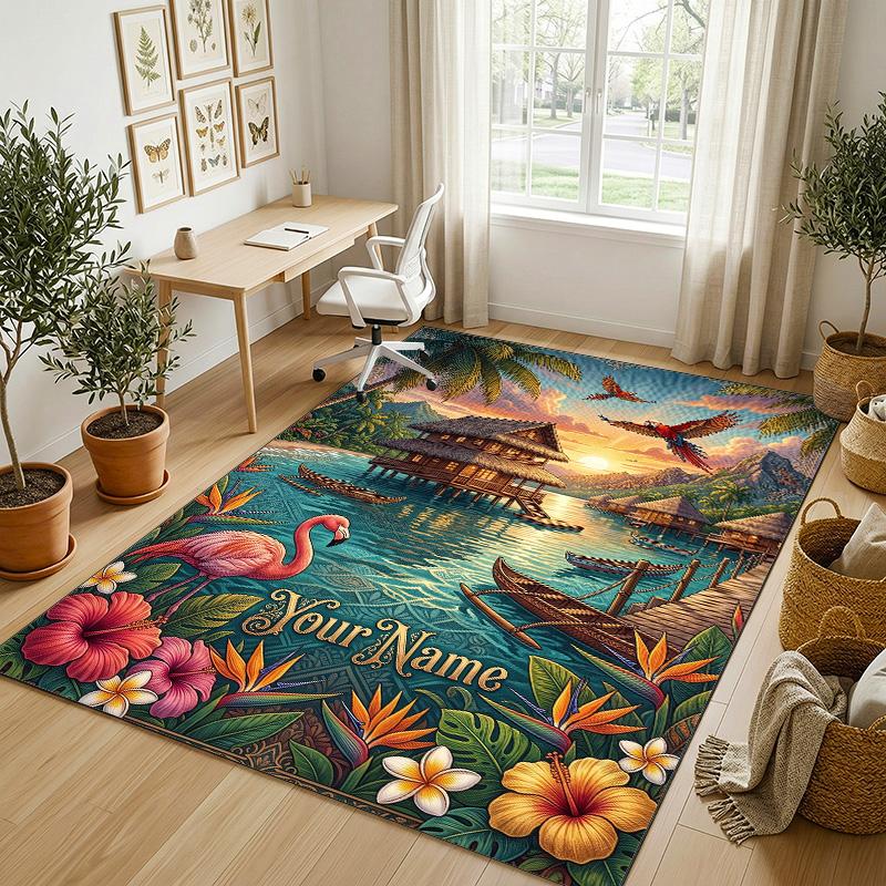 Tropical Leaves Theme Soft Crystal Velvet Rug Custom Name & Text Print Non Slip Floor Rug for Bedroom Living Room
