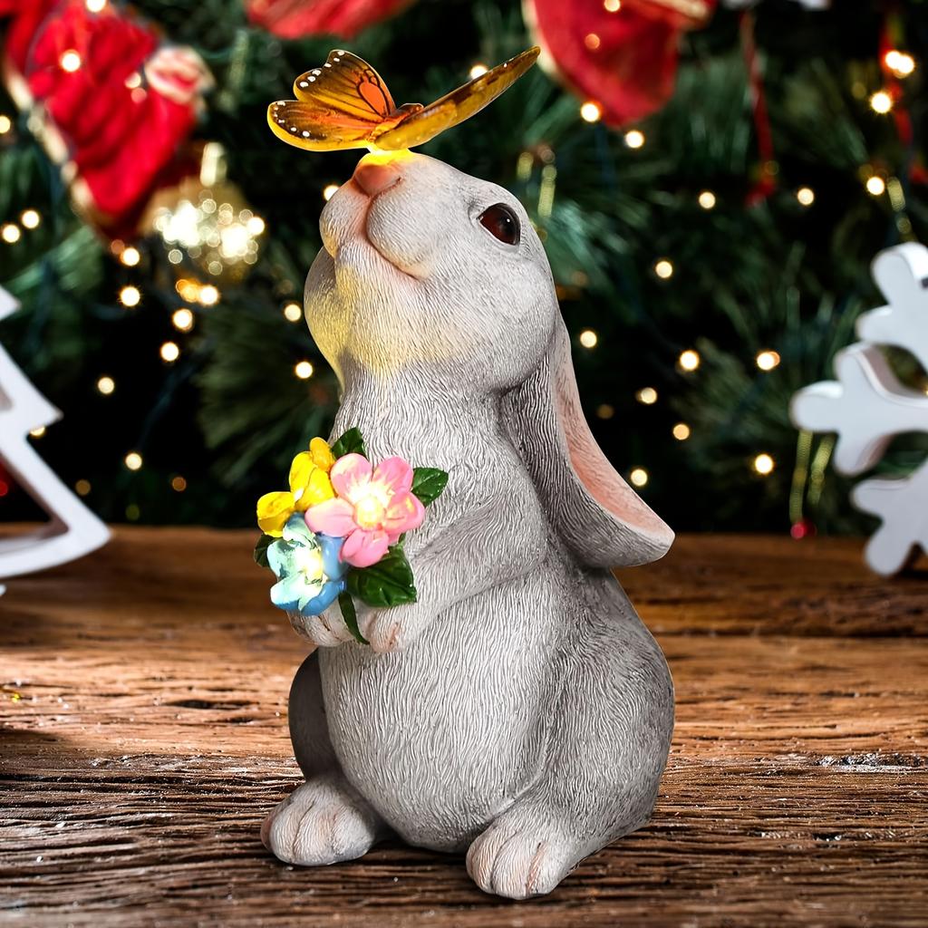 1 solární socha králíka s motýlí lampou, voděodolná pryskyřičná zahradní dekorace IPX4, polozapuštěná přístupová dekorace na trávník, vhodná na terasy, balkóny