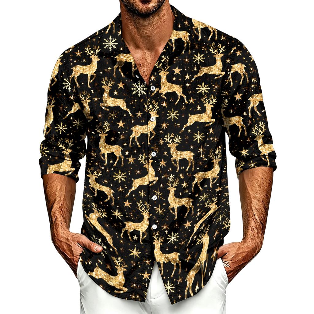 Men's Spring and Fall Casual Long Sleeve Shirt with Christmas Print for Holiday Wear