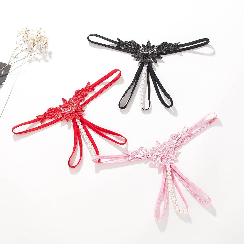 Sexy Panties Women's Hollow Embroidery Sexy Thong Pearl Massage Crotch Panties Ladies Thong