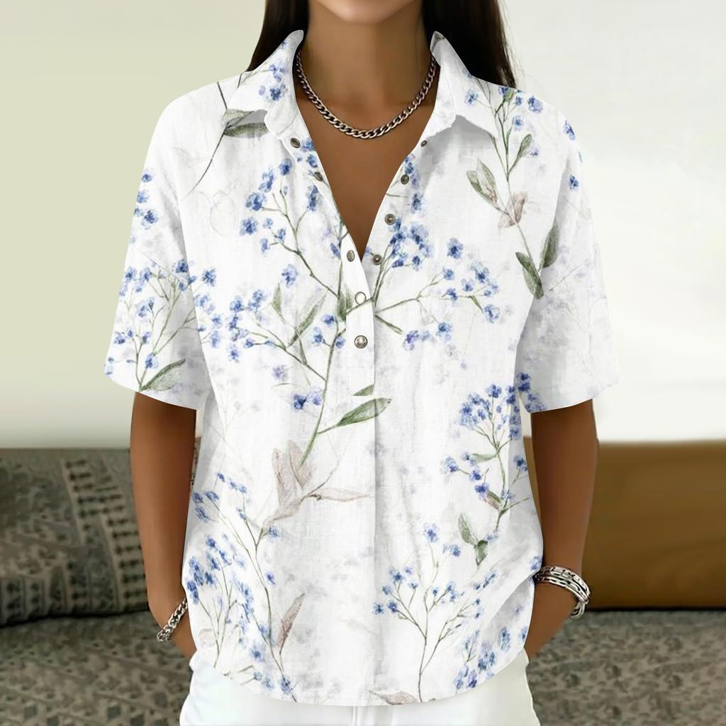 Women Vintage Floral Print Short Sleeve T Shirt Loose Fit Polo Collar Button Down Cotton Linen Blend Casual Top