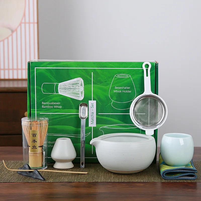 9pcs/set Japanese Ceramic Matcha Gift Box Green Tea Chasen Holder Stand Bowl Bamboo Whisk Grinder Brushes Tea Tools Holder Tea