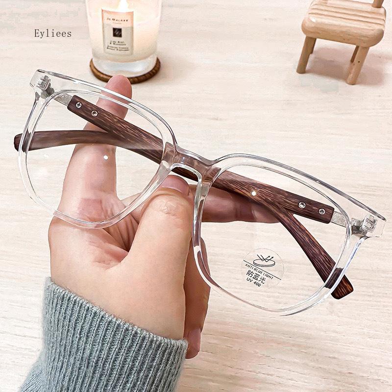 Trendy Anti Blue Light Wooden Grain Leg TR90 Myopia Glasses, Men Women Big Square Blue Ray Blocking for Computer Glass Frames