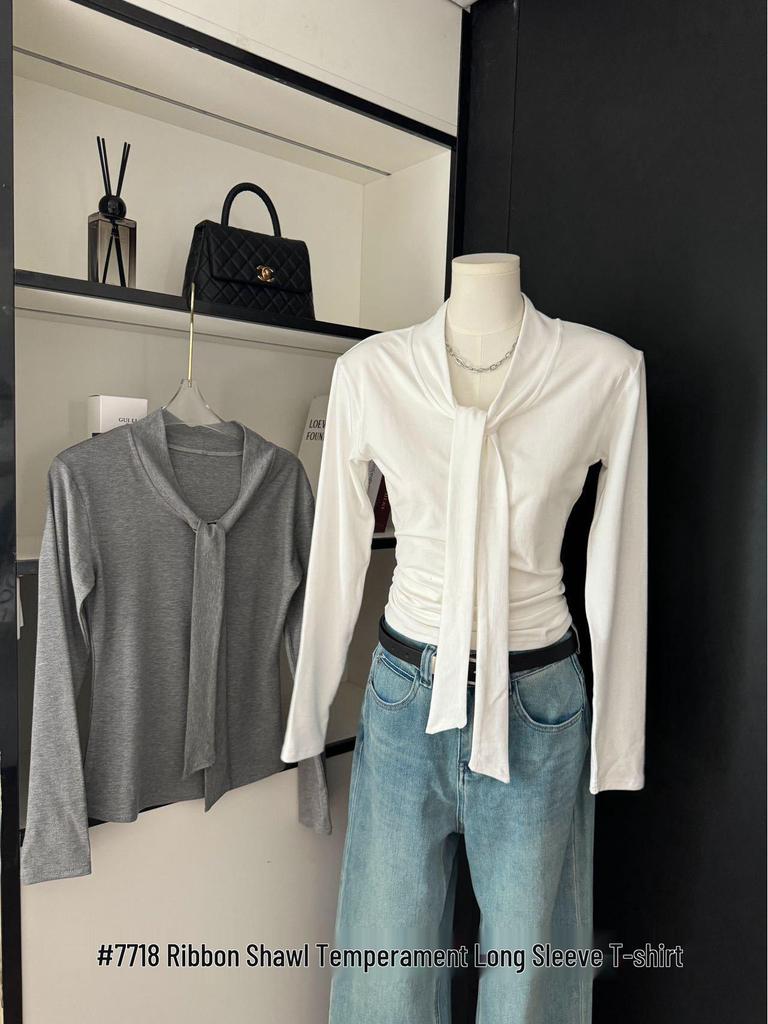Women's Urban Style V-Neck Long Sleeve Slimming Shirt with Shawl Decoration for Early Autumn