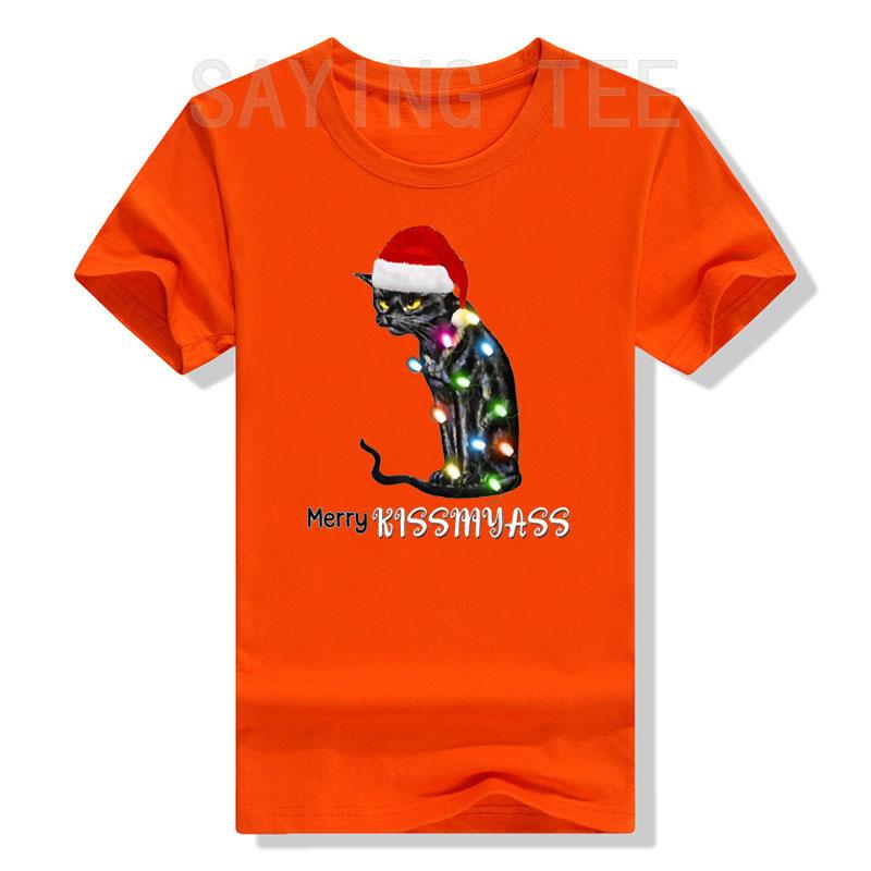 Merry Kissmyass Funny Cat Christmas Lights T-Shirt Xmas Costume Gifts Kitty Lover Graphic Outfits Cute Kitten Saying Tee Y2k Top