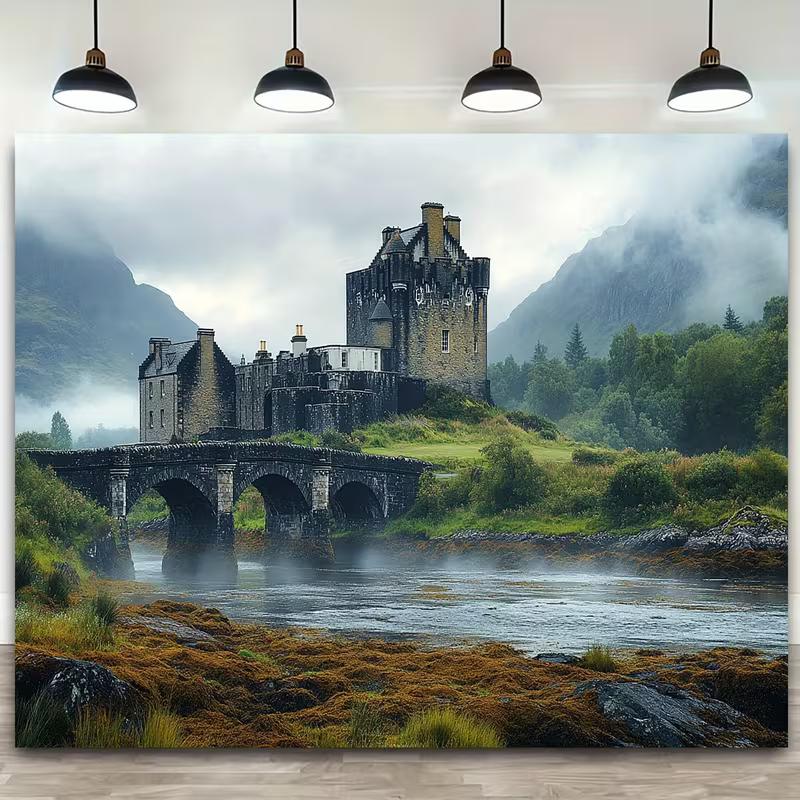 2D Eilean Donan Castle Tapestry, Misty Scottish Highlands Background 47.2x31.5inch/120*80cm